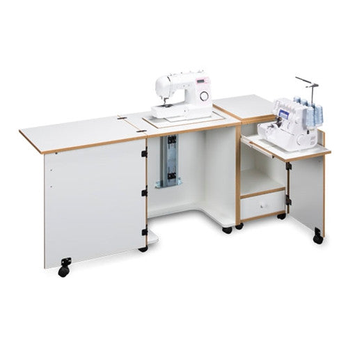 Compact Sewing Machine & Serger Cabinet in White with Oak Trim