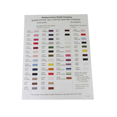 Robison-Anton 100% Cotton Quilting Thread Color Chart with colors and color numbers
