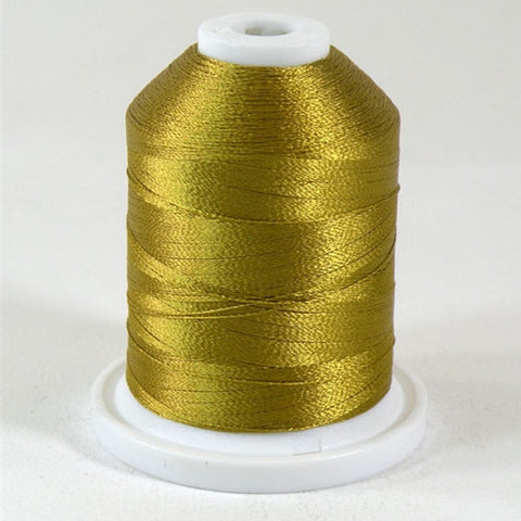 A Ginger colored 1100 yd mini king spool of Robison-Anton 40wt Rayon that is vivid, high luster and super-smooth in appearance.