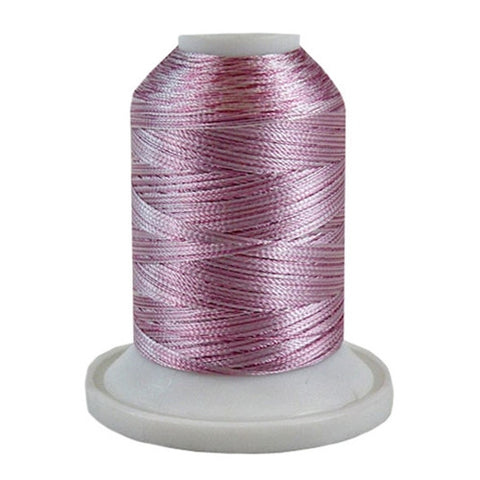 A 3CC Lilac purple variegated 700 yd mini king spool of Robison-Anton 40wt Rayon that is vivid, high luster and super-smooth in appearance.