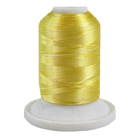 A 3CC Maize yellow variegated 700 yd mini king spool of Robison-Anton 40wt Rayon that is vivid, high luster and super-smooth in appearance.