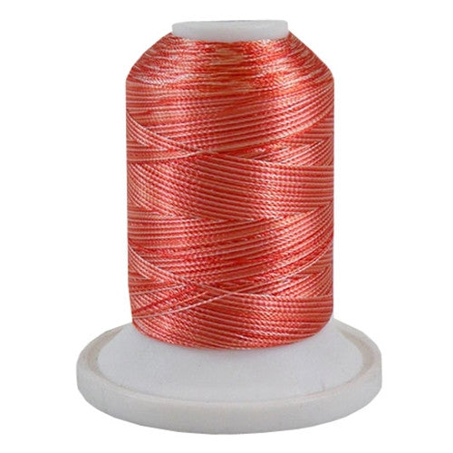 A 3CC Tangerine orange variegated 700 yd mini king spool of Robison-Anton 40wt Rayon that is vivid, high luster and super-smooth in appearance.