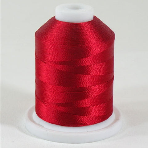 A Very Red colored 1100 yd mini king spool of Robison-Anton 40wt Rayon that is vivid, high luster and super-smooth in appearance.