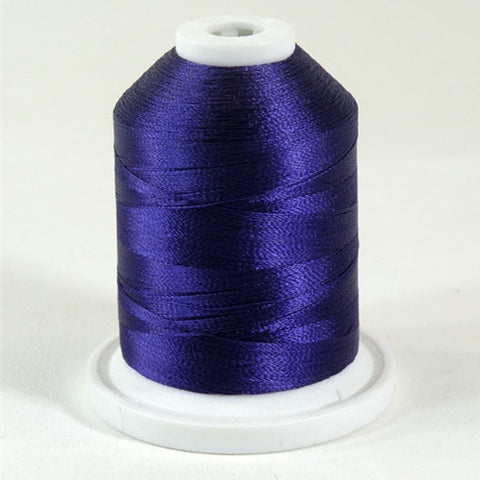 A Purple Maze colored 1100 yd mini king spool of Robison-Anton 40wt Rayon that is vivid, high luster and super-smooth in appearance.